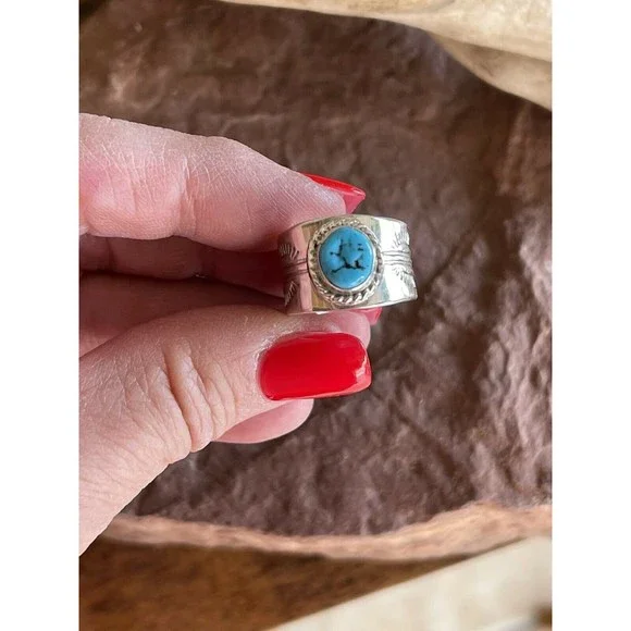 Navajo Sterling Silver Turquoise Cigar Band Ring - Picture 2 of 11